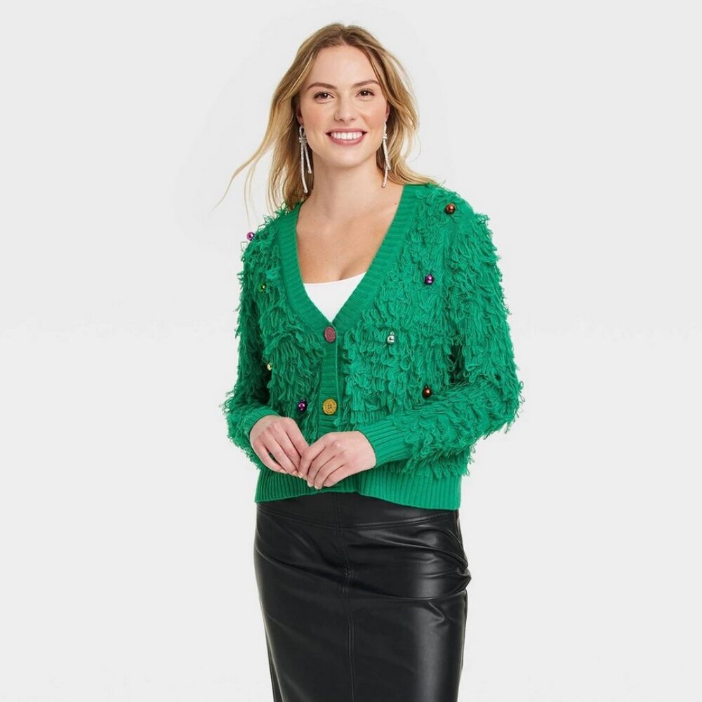 Womens Plush Green Jingle Bell Christmas Tree Cardigan Sweater XXL